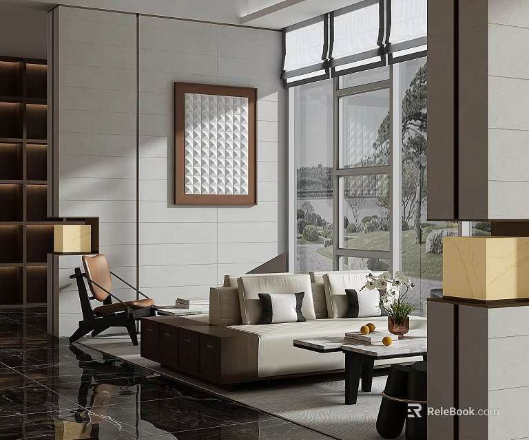 Hotel Public Lounge Area with White Sofa Coffee Table Floor to Ceiling Windows Lake View 3d model 