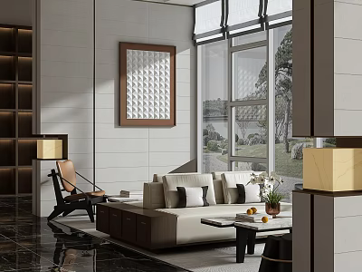 Hotel Public Lounge Area with White Sofa Coffee Table Floor to Ceiling Windows Lake View 3d model