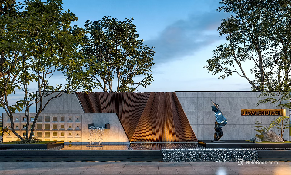 Modern Architectural Exterior With Trees Brown Wavy Structure Water Feature Sculpture And DAVOS Signage 3d model 