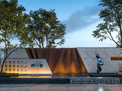 Modern Architectural Exterior With Trees Brown Wavy Structure Water Feature Sculpture And DAVOS Signage 3d model
