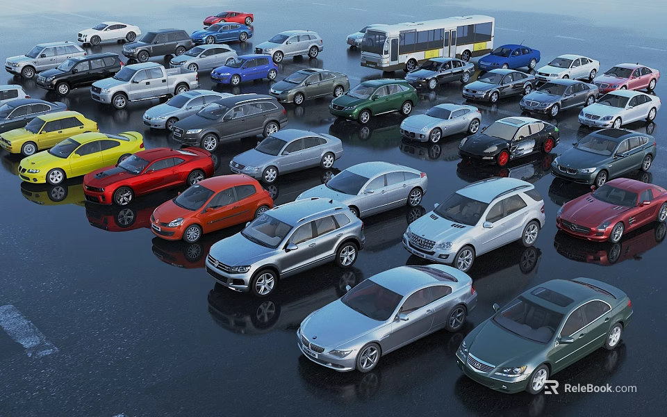 Diverse Range Of Colored Cars Including Sedans And SUVs Parked In Lot 3d model 