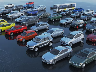 Diverse Range Of Colored Cars Including Sedans And SUVs Parked In Lot 3d model