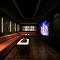 Modern KTV Room Design Featuring Dark Walls Orange Sofas Long Table And Large Screen 3d model