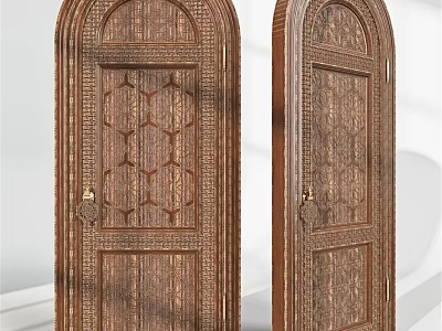 Traditional Wooden Swing Doors With Intricate Carved Patterns And Gold Handles 3d model