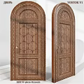 Traditional Wooden Swing Doors With Intricate Carved Patterns And Gold Handles