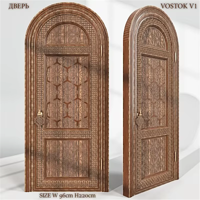 Traditional Wooden Swing Doors With Intricate Carved Patterns And Gold Handles 3d model