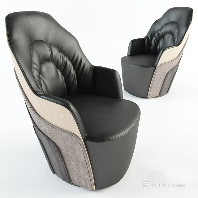 Luxury Black Leather Single Sofa With Beige Trim And Wood Grain Design Accents 3d model 