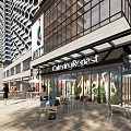 Modern Commercial Complex With Tall Buildings Brand Stores Leisure Plaza Pedestrians And Decorative Balloons