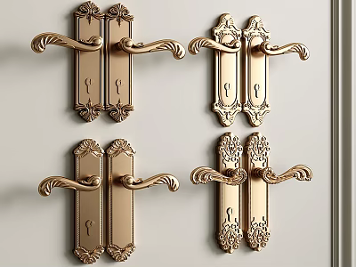 Golden Door Handles With Ornate Carved Design For Elegant Home Decor 3d model