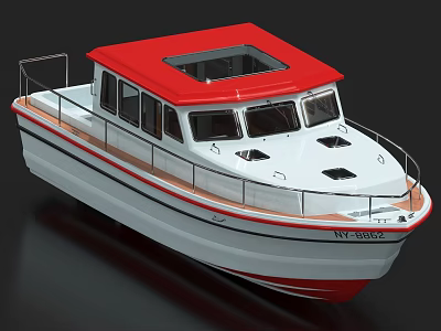 Elegant White Yacht With Red Roof Railing Windows And Sleek Exterior 3d model