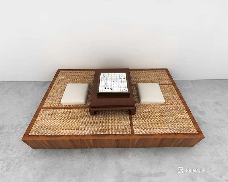 Traditional Board Game Entertainment on Wooden Platform with Woven Mat Small Table and White Cushions 3d model 