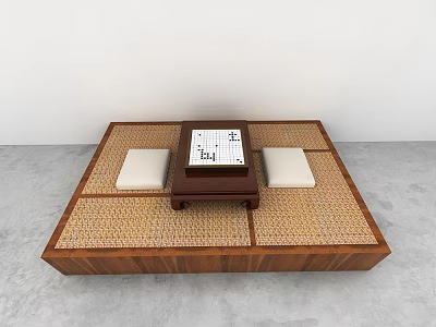 Traditional Board Game Entertainment on Wooden Platform with Woven Mat Small Table and White Cushions 3d model