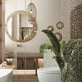 Warm Modern Living And Dining Area Interior With Wooden Shelves Plant And Decorative Vases