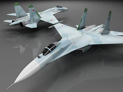Two Modern Military Fighter Jets With Camouflage Paint And Green Tail Fins 3d model
