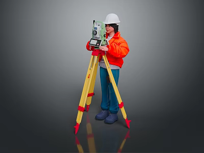 Surveyor In Orange Jacket Using Theodolite On Yellow Tripod With White Safety Helmet 3d model