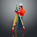 Surveyor In Orange Jacket Using Theodolite On Yellow Tripod With White Safety Helmet