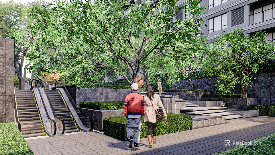 Urban Landscape Garden With Green Trees People Walking Stone Steps And Escalator 3d model 