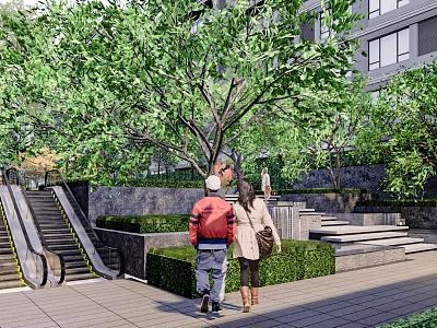 Urban Landscape Garden With Green Trees People Walking Stone Steps And Escalator 3d model