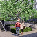 Urban Landscape Garden With Green Trees People Walking Stone Steps And Escalator