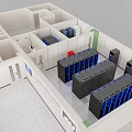 Server Room Interior With Black Racks Blue Indicator Lights And Wall Screens 3d model