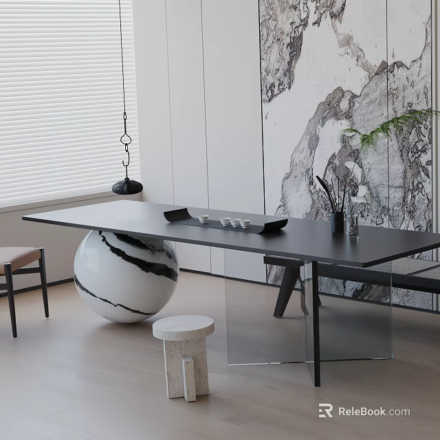 Modern Tea Room Interior Design With Black Table Spherical Ornament And Landscape Painting 3d model 