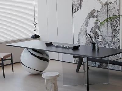 Modern Tea Room Interior Design With Black Table Spherical Ornament And Landscape Painting 3d model