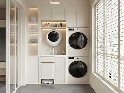 Modern Minimalist Home Balcony Interior Design With White Cabinets Washing Machine Dryer And Blinds 3d model