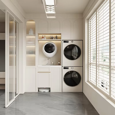 Modern Minimalist Home Balcony Interior Design With White Cabinets Washing Machine Dryer And Blinds 3d model
