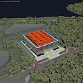 Modern Museum Building With Red Roof And Glass Facade Surrounded By Green Trees