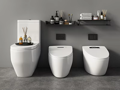 Three Modern White Toilets With Wall Mounted Black Shelf And Toiletries In Minimalist Bathroom Setting 3d model