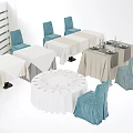 Banquet Hall Setup With Round And Square Tables Blue Chair Covers And Dinnerware