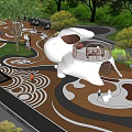 Innovative Urban Park Landscape Featuring White Sculptural Structure Curved Paths Trees And Wavy Ground Patterns