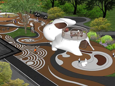 Innovative Urban Park Landscape Featuring White Sculptural Structure Curved Paths Trees And Wavy Ground Patterns 3d model