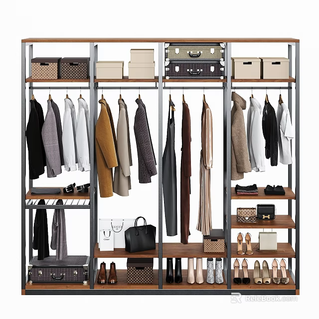Organized Modern Closet With Hanging Clothes Folded Items Shoes And Storage Boxes 3d model 