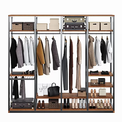 Organized Modern Closet With Hanging Clothes Folded Items Shoes And Storage Boxes 3d model