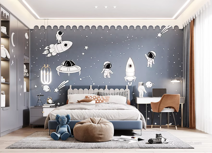 Kids Room With Space Theme Wall Decor Astronauts Rockets Bed And Desk 3d model 