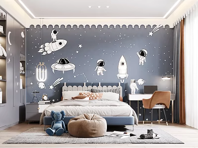 Kids Room With Space Theme Wall Decor Astronauts Rockets Bed And Desk 3d model