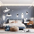 Kids Room With Space Theme Wall Decor Astronauts Rockets Bed And Desk