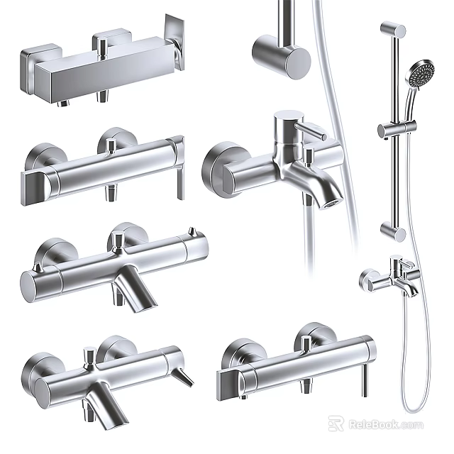 Modern Chrome Shower Faucet Set With Handheld Overhead Sprayers And Valve Handles 3d model 