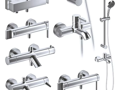 Modern Chrome Shower Faucet Set With Handheld Overhead Sprayers And Valve Handles 3d model