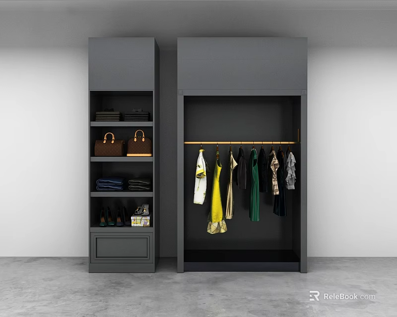 Modern Wardrobe Interior Featuring Shelves Hanging Rod Clothes Bags And Shoes 3d model 