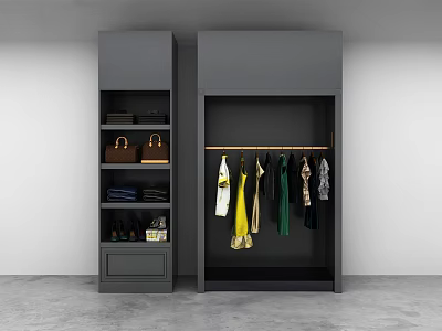 Modern Wardrobe Interior Featuring Shelves Hanging Rod Clothes Bags And Shoes 3d model