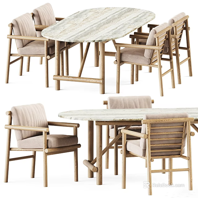 Modern Elegant Wooden Dining Chairs With Linen Cushions And Marble Top Table 3d model 