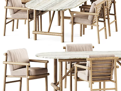 Modern Elegant Wooden Dining Chairs With Linen Cushions And Marble Top Table 3d model