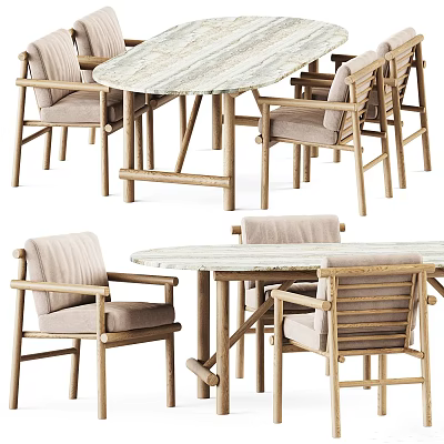 Modern Elegant Wooden Dining Chairs With Linen Cushions And Marble Top Table 3d model