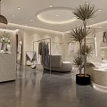 Modern Clothing Store Interior With Arc Entrance Displayed Clothes Hanging Lights And Plants