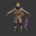 Tactical Game Movie Character In Camouflage Uniform With Rifle And Knee Pads