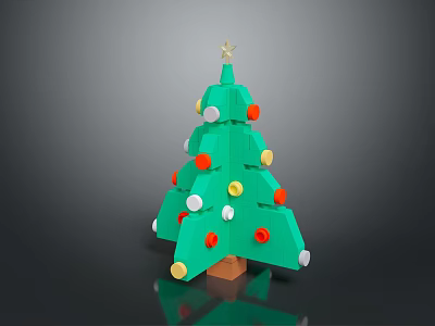 Festive Green Christmas Tree With Colorful Decorative Balls Star On Top And Wooden Base 3d model