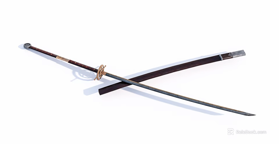 Traditional Japanese Sword With Crossed Blade Scabbard Wooden Handle And Metal Ornament 3d model 