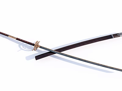 Traditional Japanese Sword With Crossed Blade Scabbard Wooden Handle And Metal Ornament 3d model